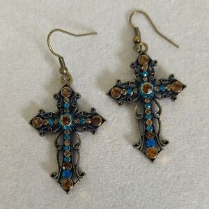 Antique Gold Cross Earrings with Blue And Gold Rhinestones